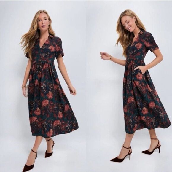 Tuckernuck Persimmon Floral Jacquard Midi Dress Size S Dark Floral Adelaide - Picture 1 of 11